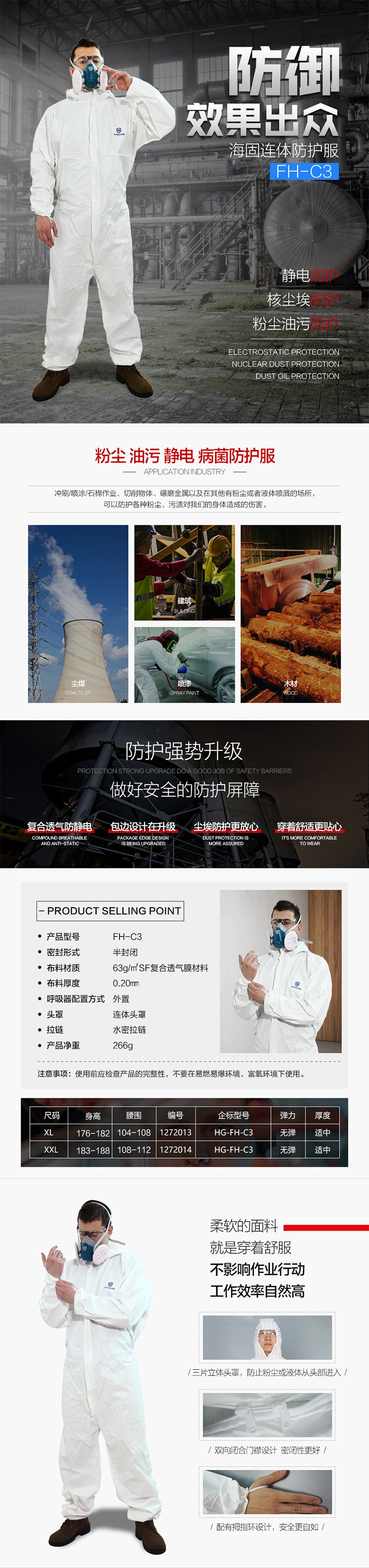 海固FH-C3優(yōu)越連體防護服 連體防粉塵、油污、靜電、病菌防護服圖片1