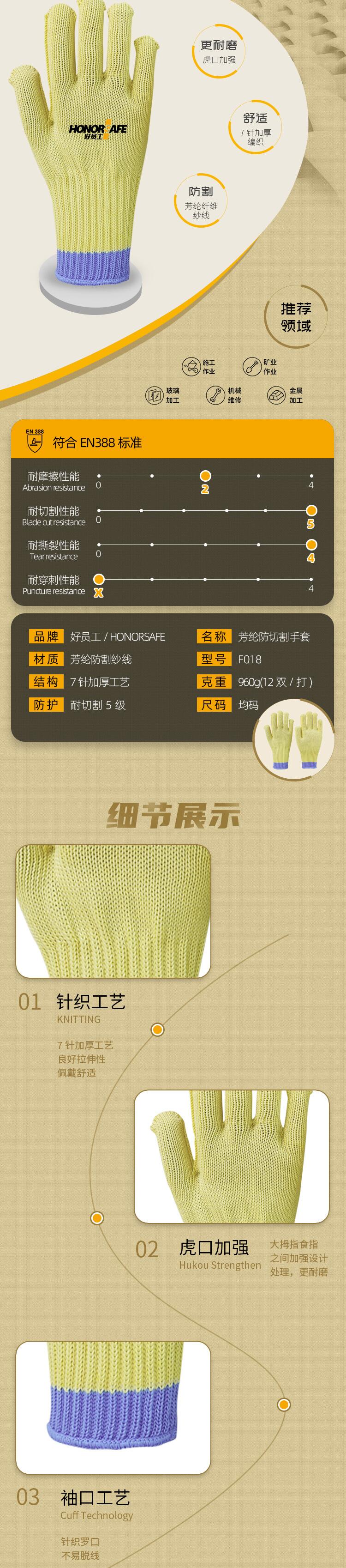好員工F018黃藍(lán)長(zhǎng)款五級(jí)防割手套圖片