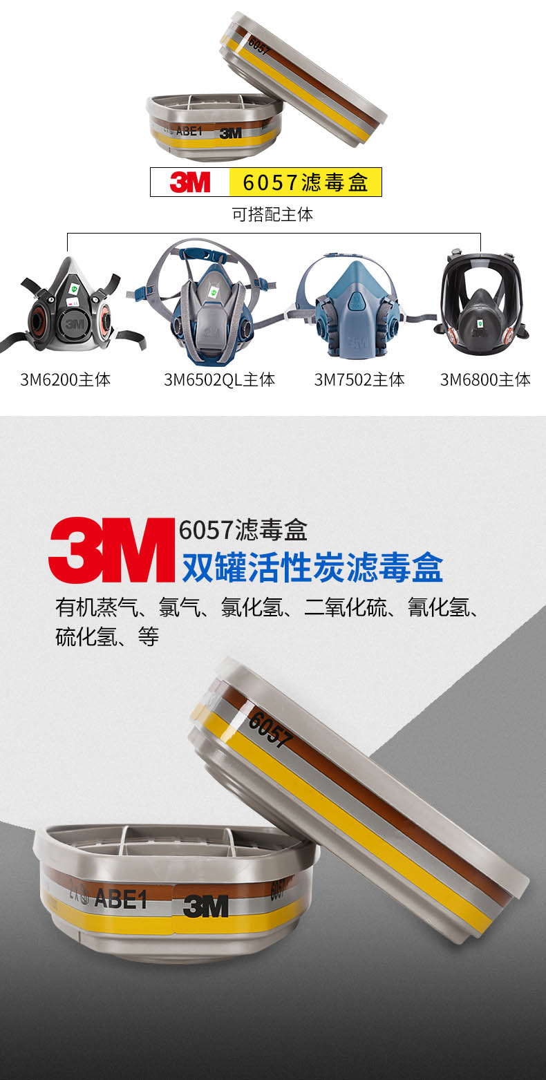 3M6057防護(hù)有機/無機/酸性氣體濾毒盒