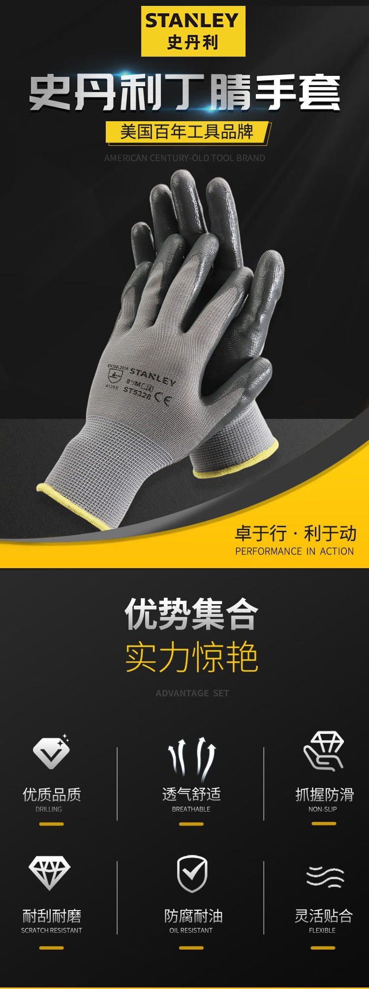 STANLEY史丹利ST5328灰色丁腈浸掌耐磨防滑勞保手套1