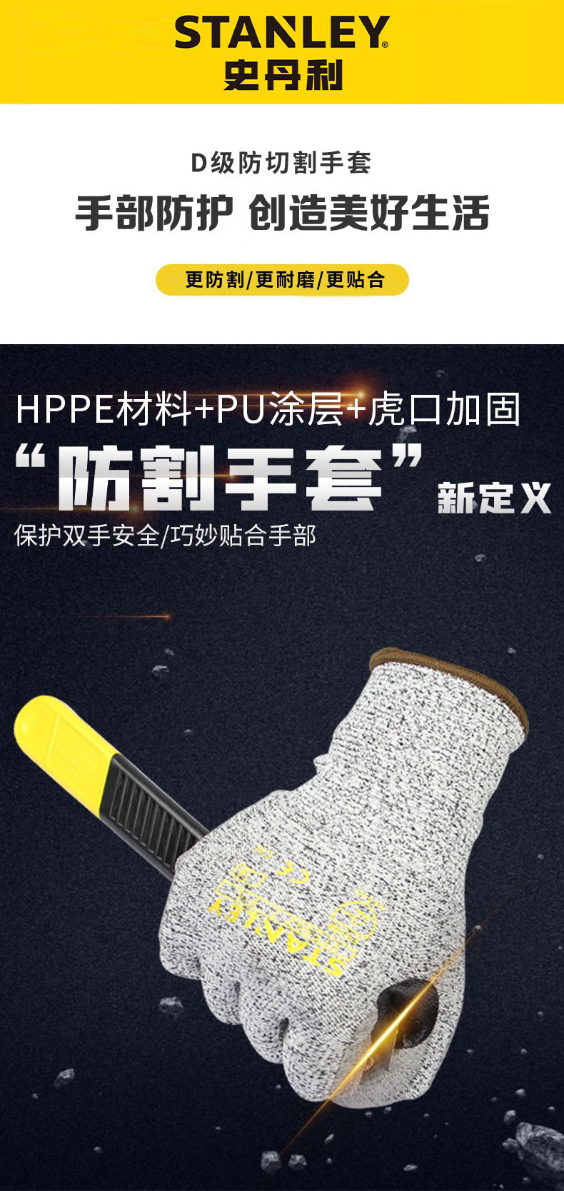 STANLEY史丹利ST5502灰色PU涂層耐磨防滑虎口丁腈加固防割手套1